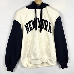 New York Popular Unisex NY Hooded Sweatshirt Sz L Navy Blue Cream Pullover Cozy